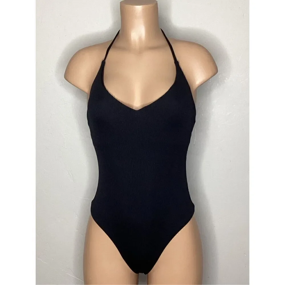 New. AQUA black ribbed v-neck. Medium . Retails $98